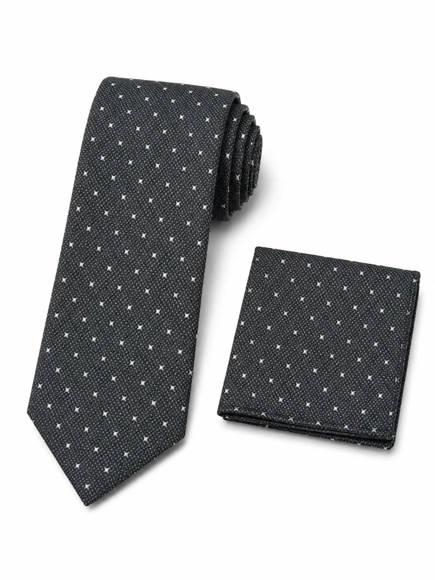 Infynite dark olive green and white micro star-dot tie and pocket square set with linen-style woven base laid flat on white background
