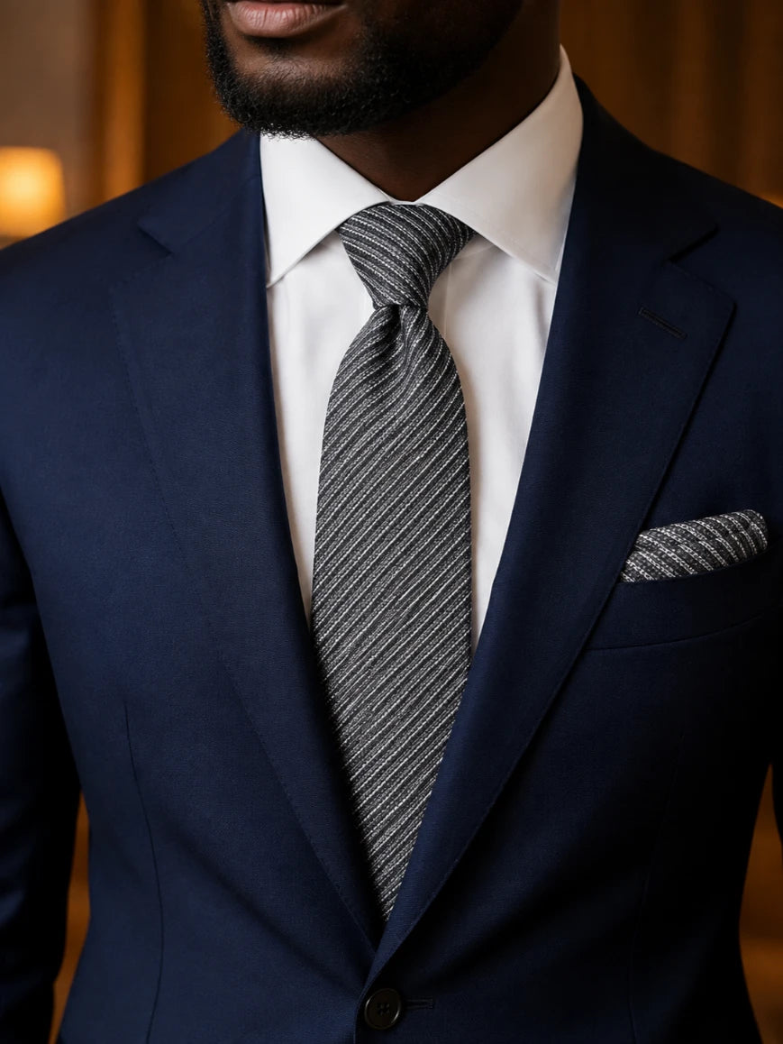 Infynite charcoal grey fine diagonal pin-stripe tie and pocket square set styled with a navy suit and white dress shirt