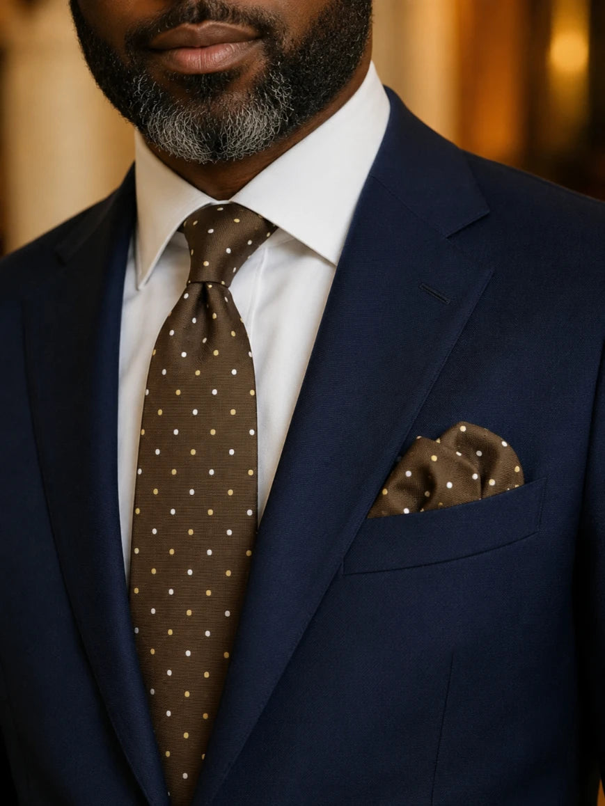 Infynite dark espresso brown and cream polka dot tie and pocket square set styled with a navy suit and white dress shirt