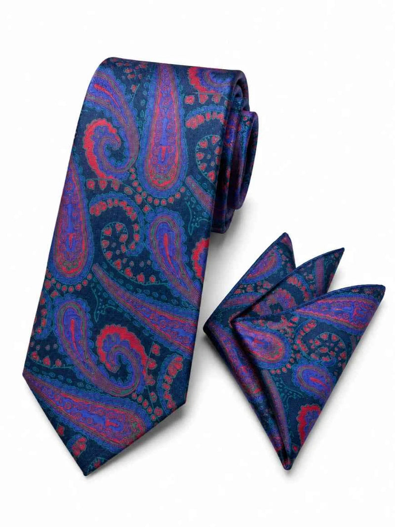 Royal Blue & Crimson Red Large-Scale Paisley Jacquard Tie & Pocket Square Set