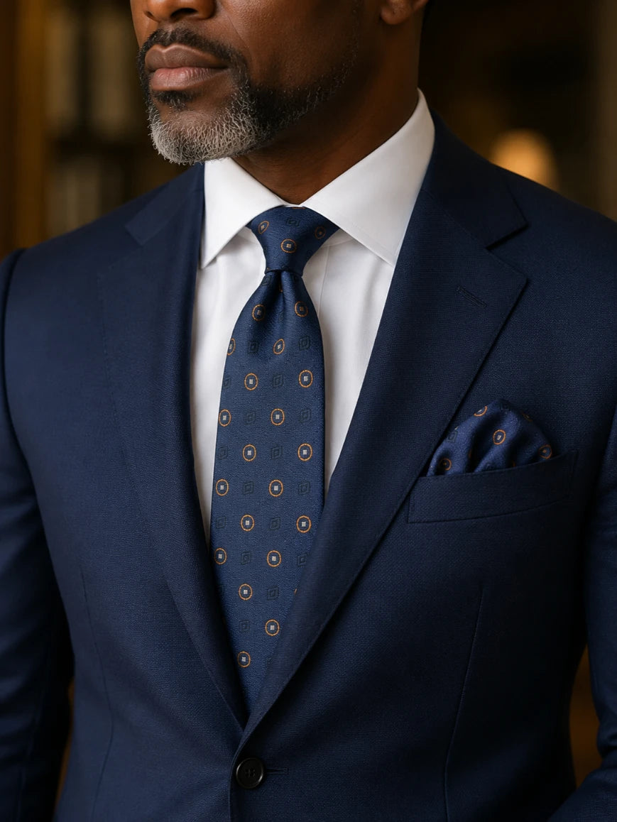 Infynite navy blue gold-ringed circle medallion tie and pocket square set styled with a navy suit and white dress shirt