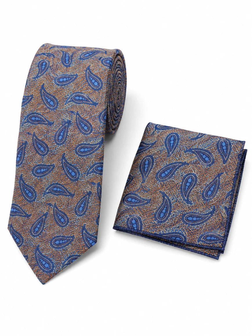Infynite bronze and royal blue large paisley tweed-texture tie and pocket square set with warm speckled base laid flat on white background