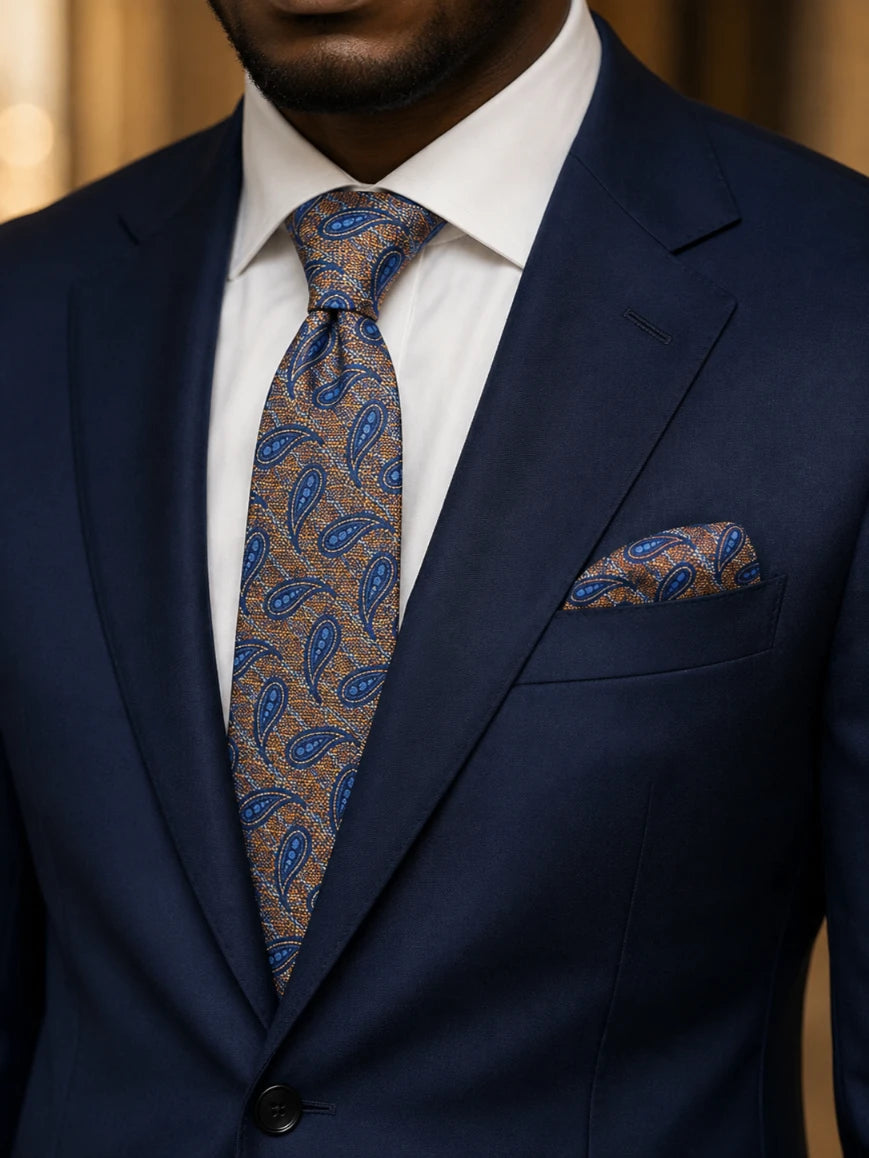 Infynite bronze and royal blue large paisley tweed-texture tie and pocket square set styled with a navy suit and white dress shirt