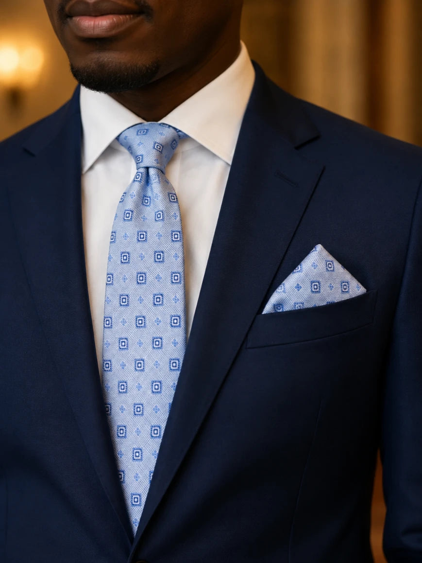 Infynite powder blue tonal geometric square and diamond tie and pocket square set styled with a navy suit and white dress shirt