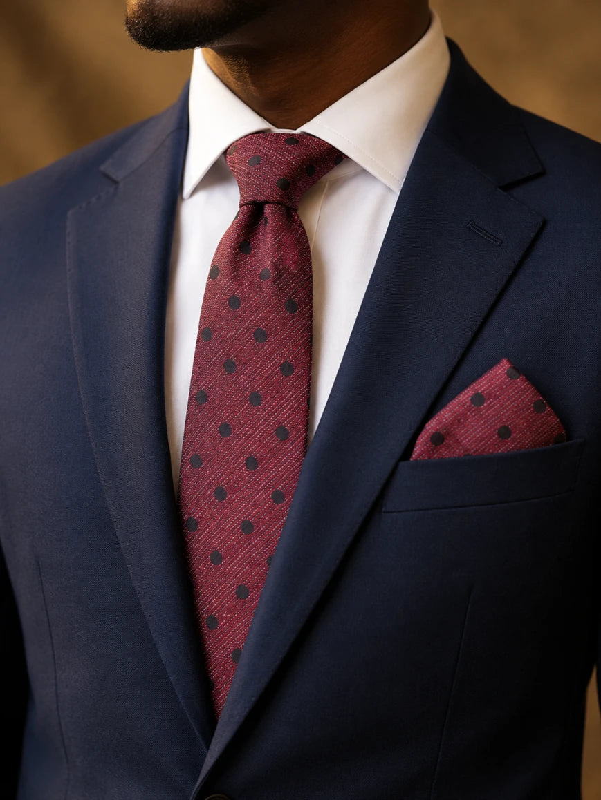 Infynite deep wine red and charcoal polka dot linen-texture tie and pocket square set styled with a navy suit and white dress shirt