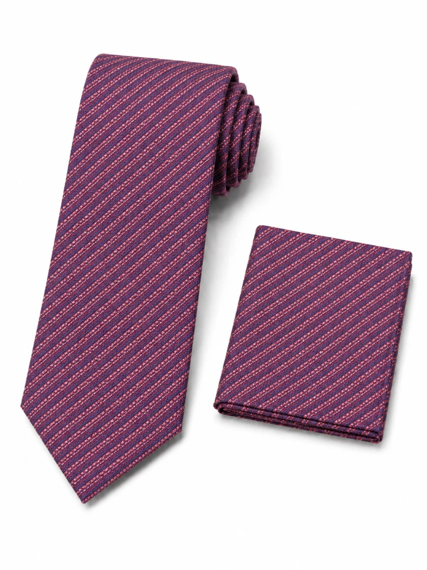Infynite deep plum and rose pink tonal micro-stripe tie and pocket square set with fine alternating diagonal stripes laid flat on white background