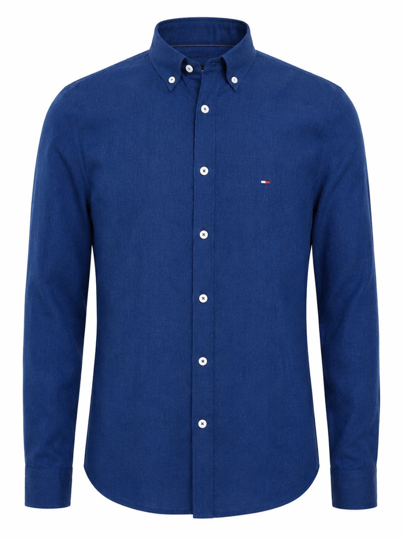 Blue button-up shirt with a brand logo on a white background