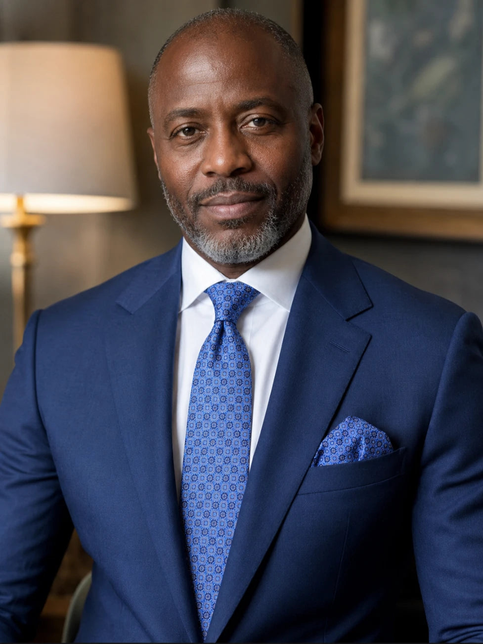 Man in a blue suit with a patterned tie standing in an indoor setting.