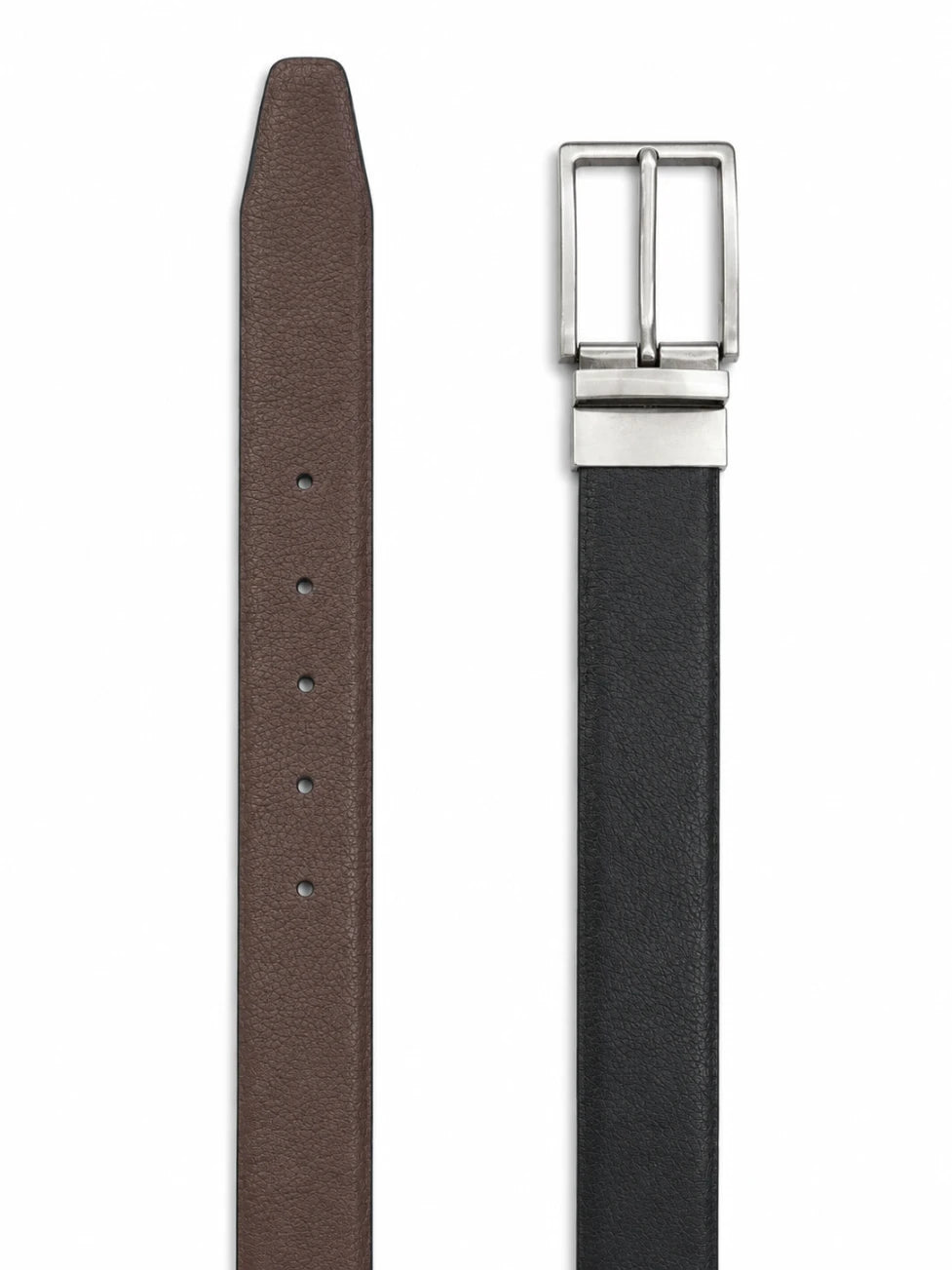 Two leather watch straps shown vertically on a white background: one brown strap with a silver buckle on the left, and one black strap with a silver buckle on the right.
