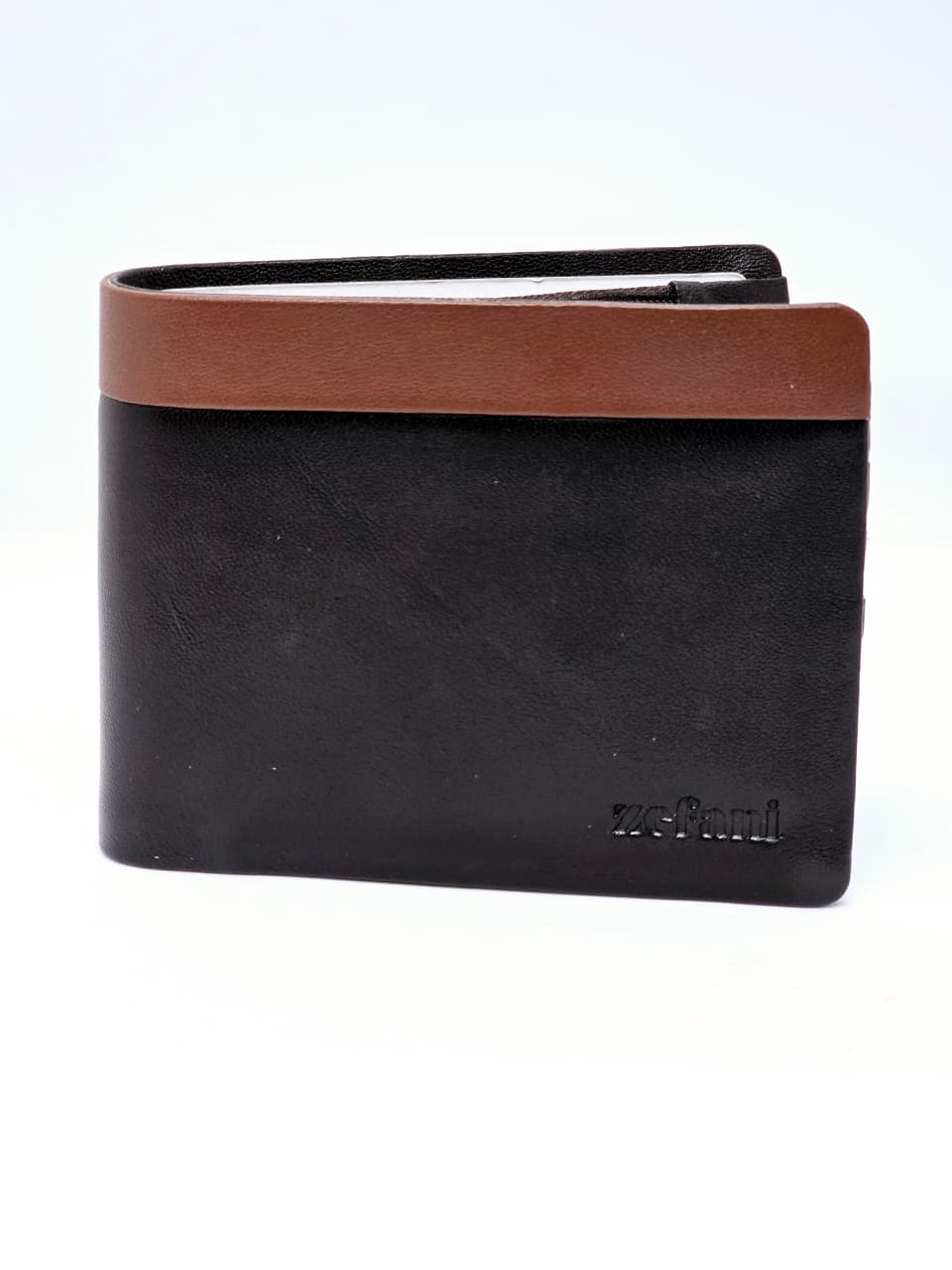 Black leather wallet with brown top section on a white background