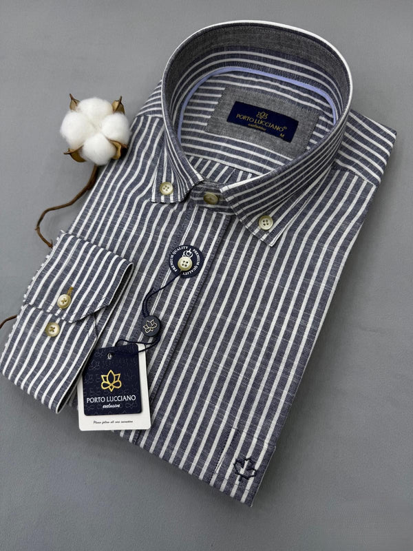 Slim Fit Navy Blue Striped Linen Shirt