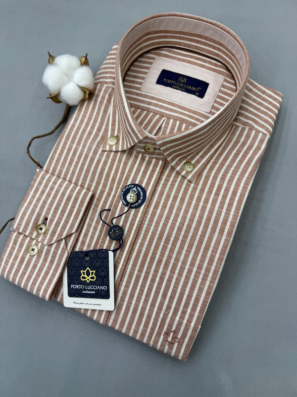 Slim Fit Beige–Brown Striped Linen Shirt