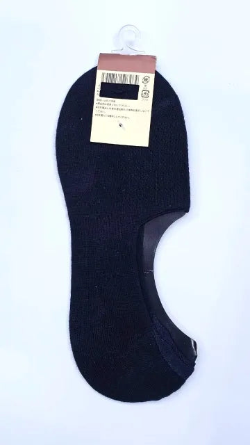 Black invisible socks with a visible brand tag on a white background