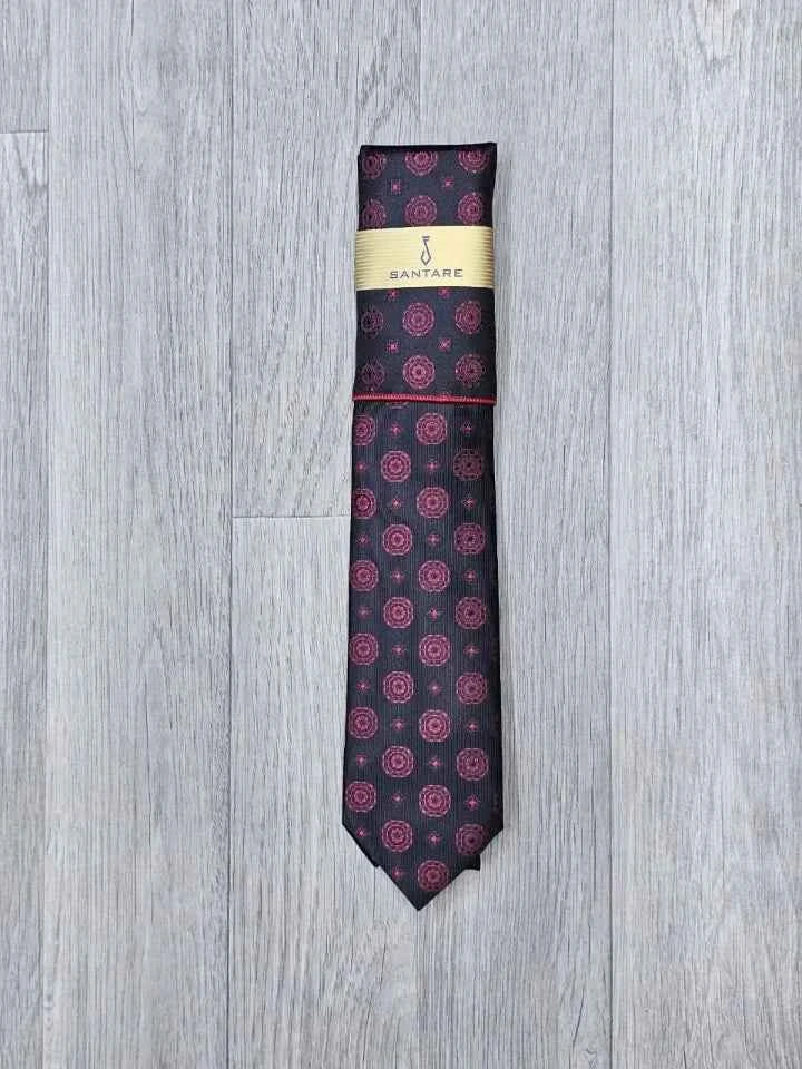 Santare Black Burgundy Medallion Tie & Pocket Square Set