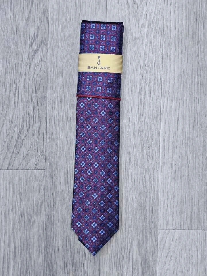 Santare Burgundy Blue Medallion Tie & Pocket Square Set