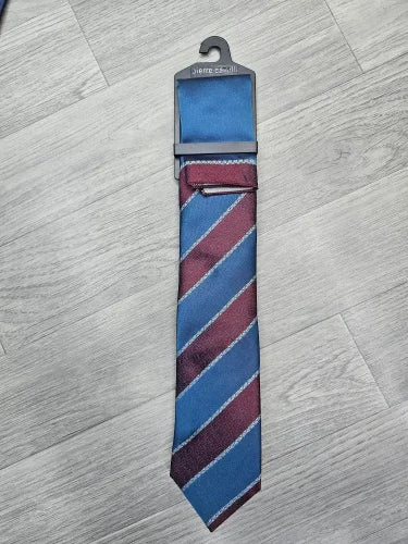 Pierre Cavelli Blue Maroon Striped Necktie Set