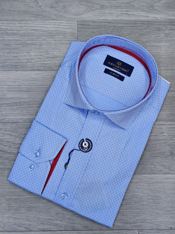 Porto Lucciano Exclusive Azure Blue Patterned Men's Slim Fit Shirt with Red Contrast Collar Lining