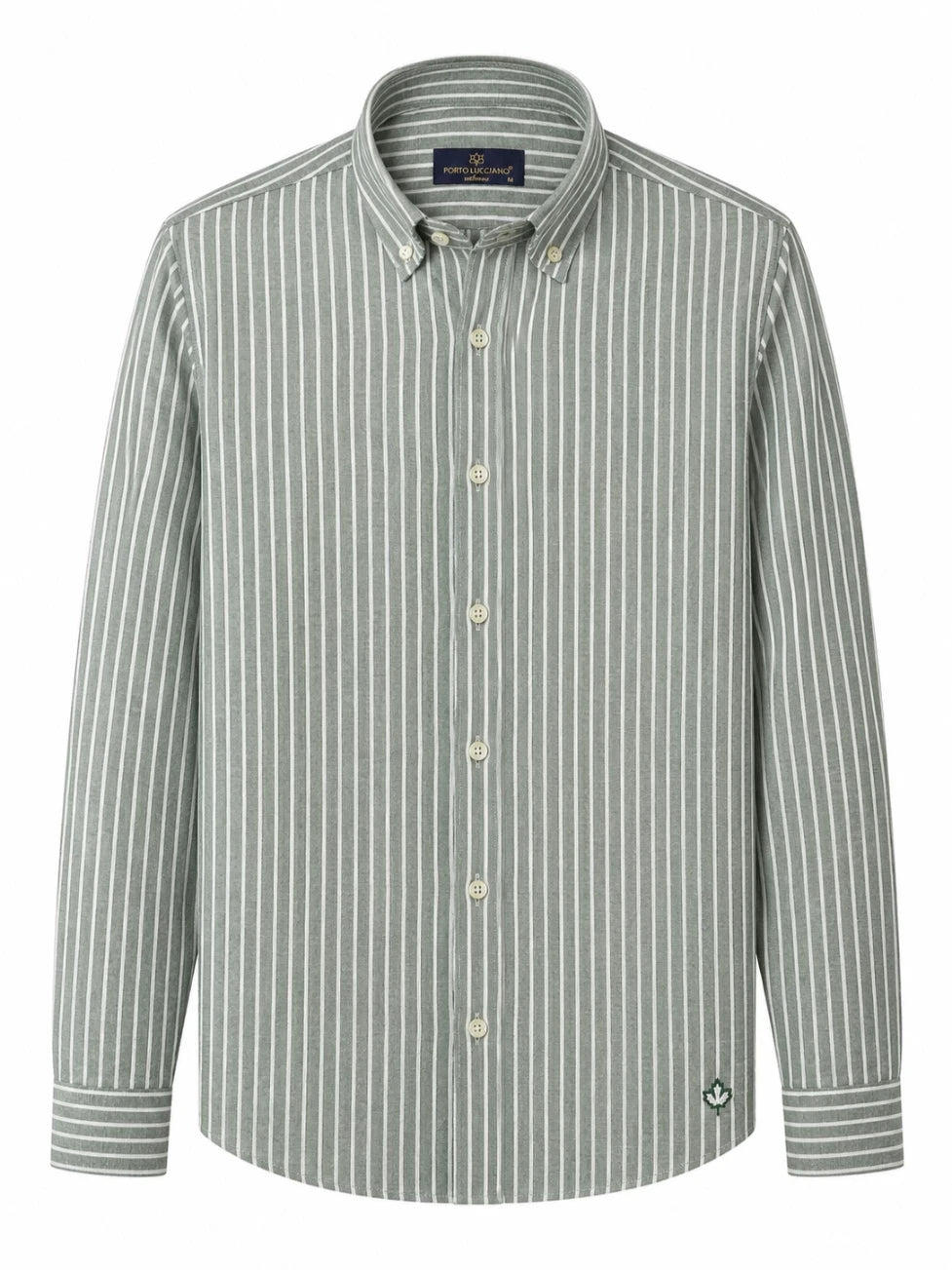 A long-sleeve button-down shirt with vertical stripes in sage green and white, featuring a classic collar and a small embroidered logo on the lower left hem.