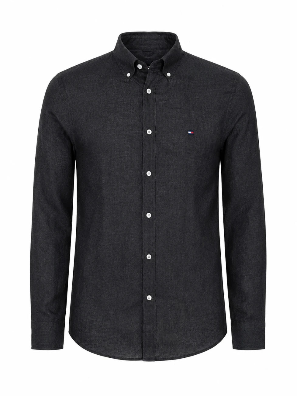 Black button-up shirt with a small logo on a white background