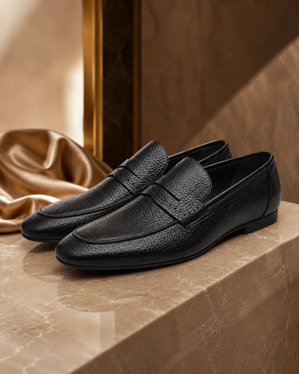 Black leather loafers on a marble surface with a gold fabric background