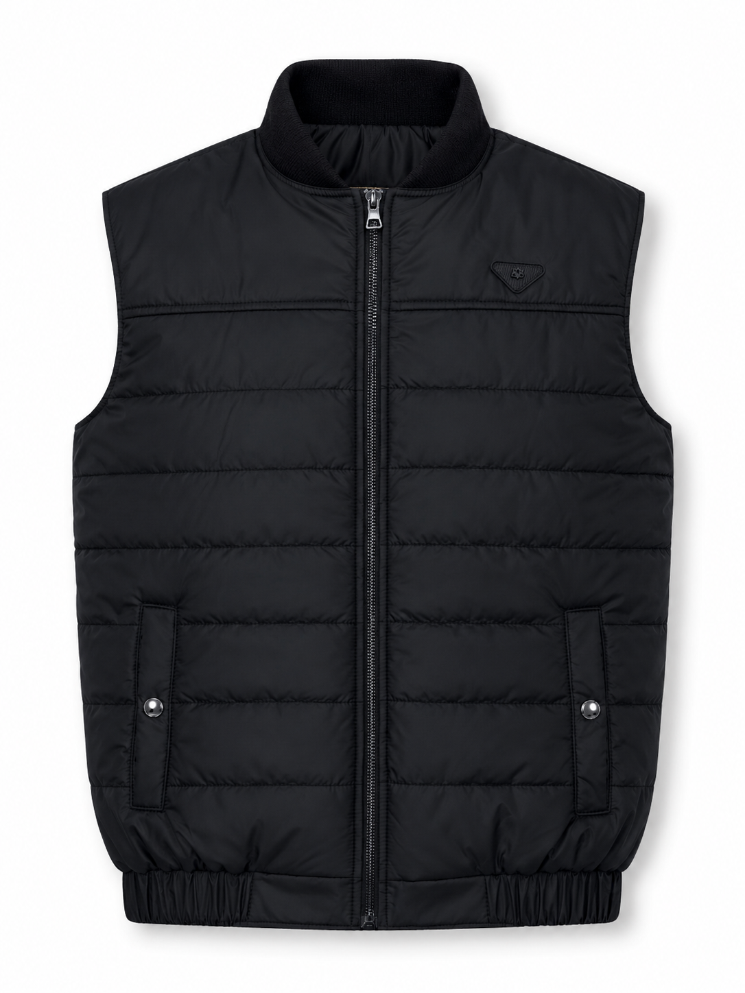 Black puffer vest on a white background