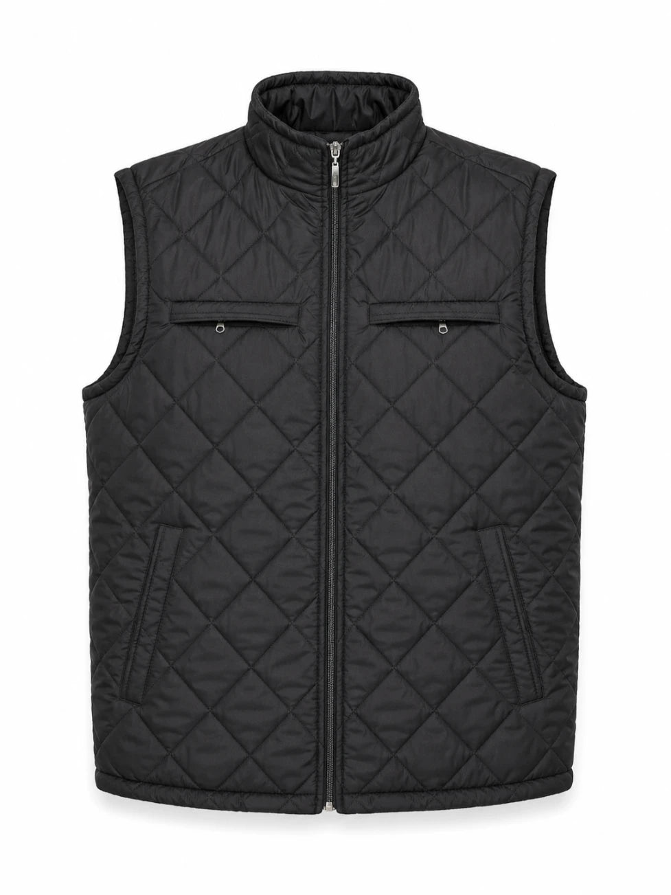 Black quilted vest on a white background
