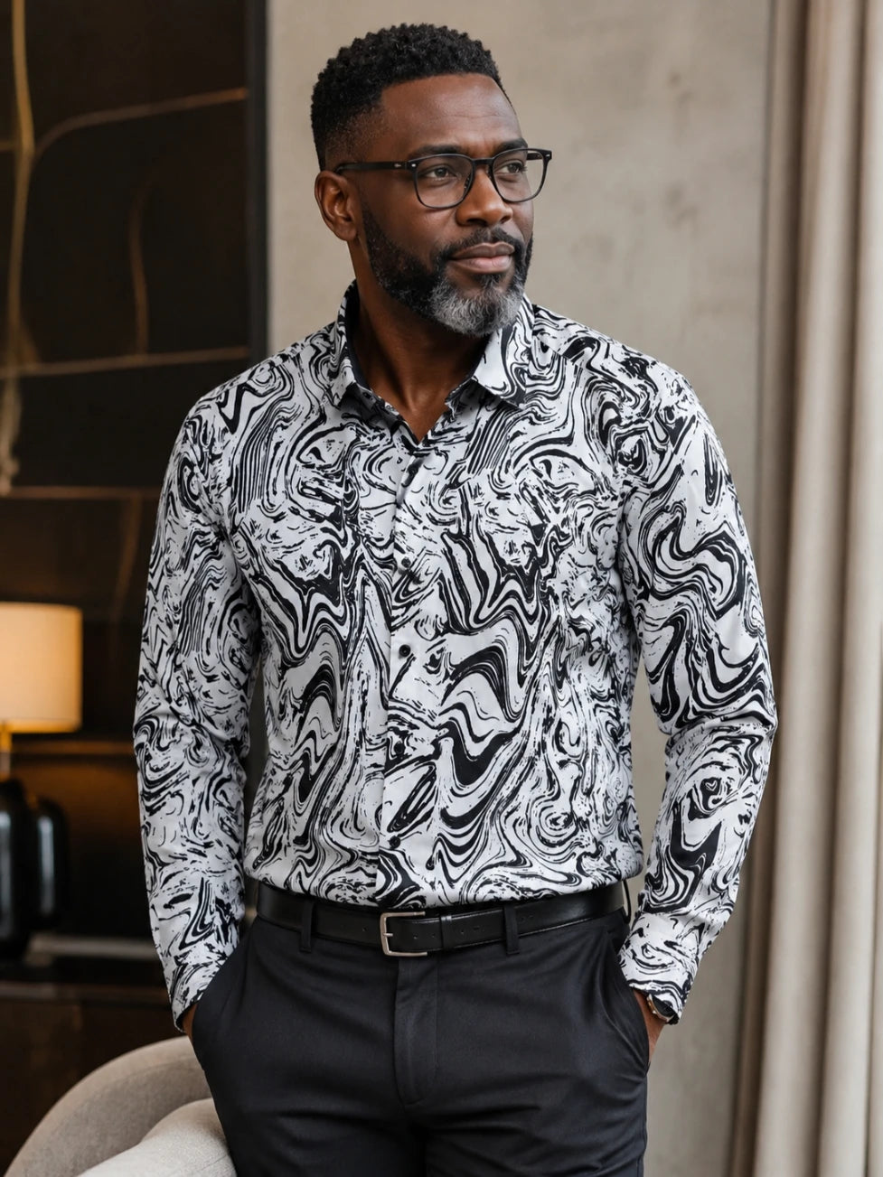 Infynite Black & White Marble Print Slim Fit Dress Shirt – premium men's menswear > shirts – view 2