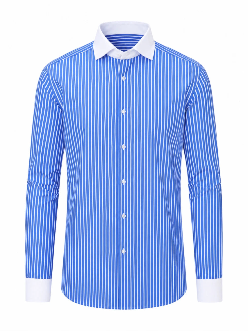 Blue and white striped shirt with a white collar on a white background