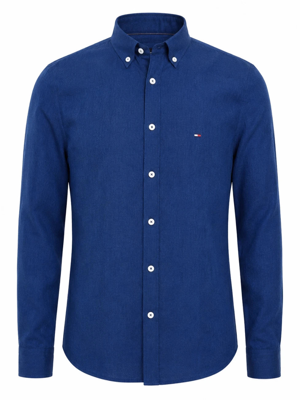 Blue button-up shirt with a brand logo on a white background