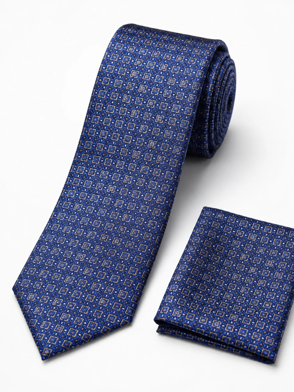 Blue patterned tie and matching pocket square on a white background