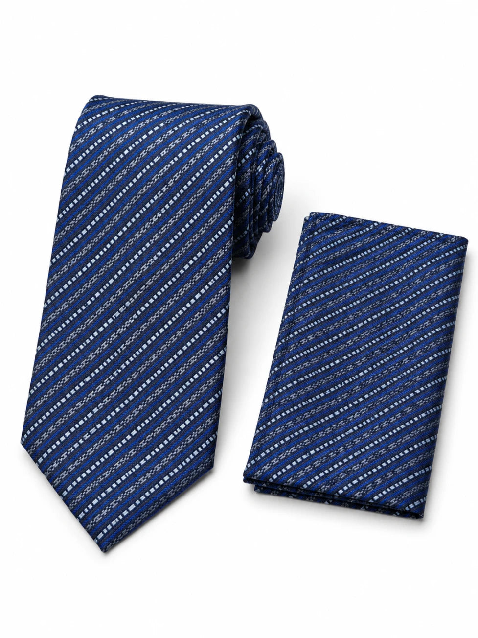 Blue striped tie and matching pocket square on a white background