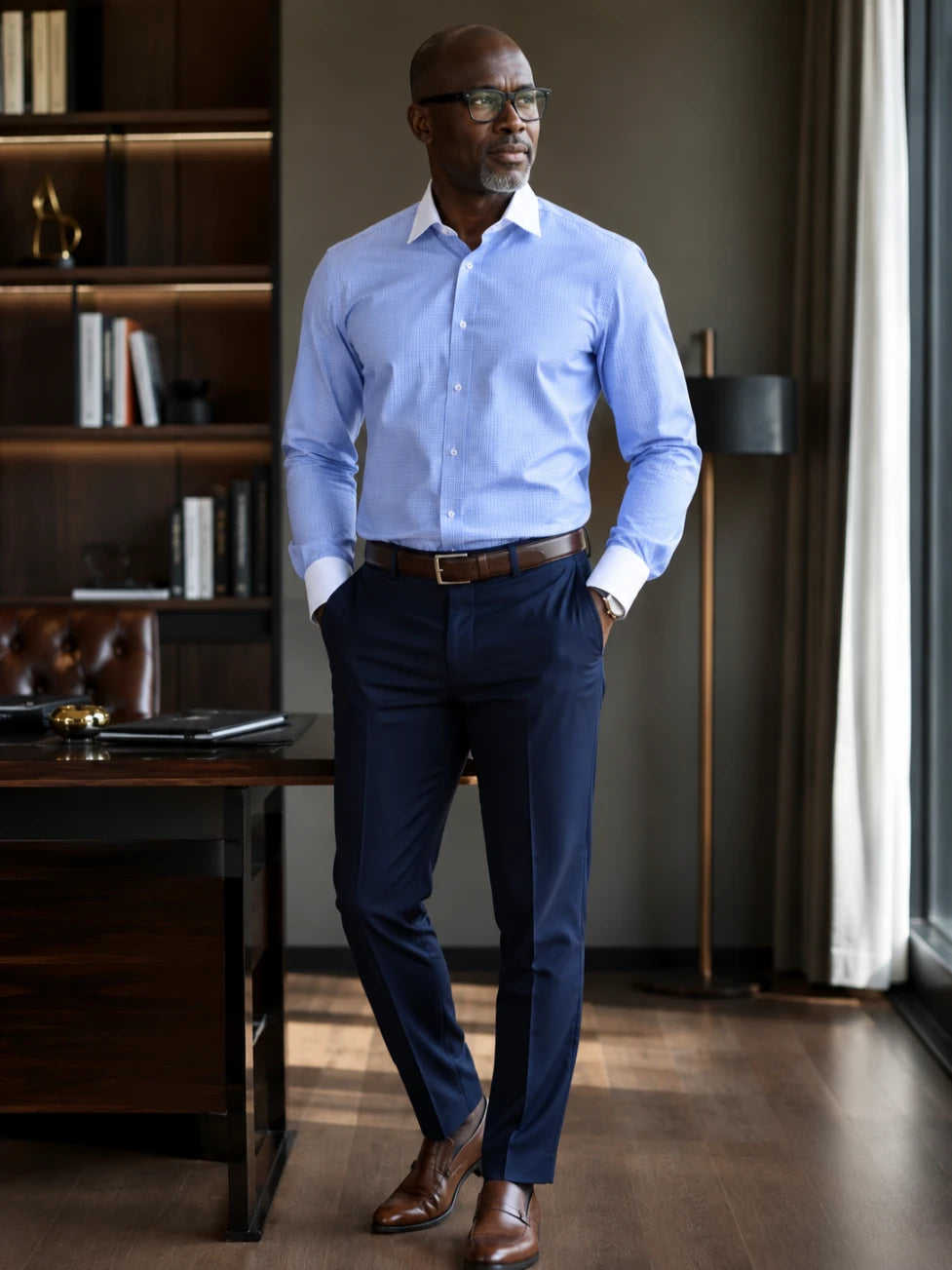 Infynite Blue & White Contrast Collar Slim Fit Dress Shirt – premium men's menswear > shirts – view 2