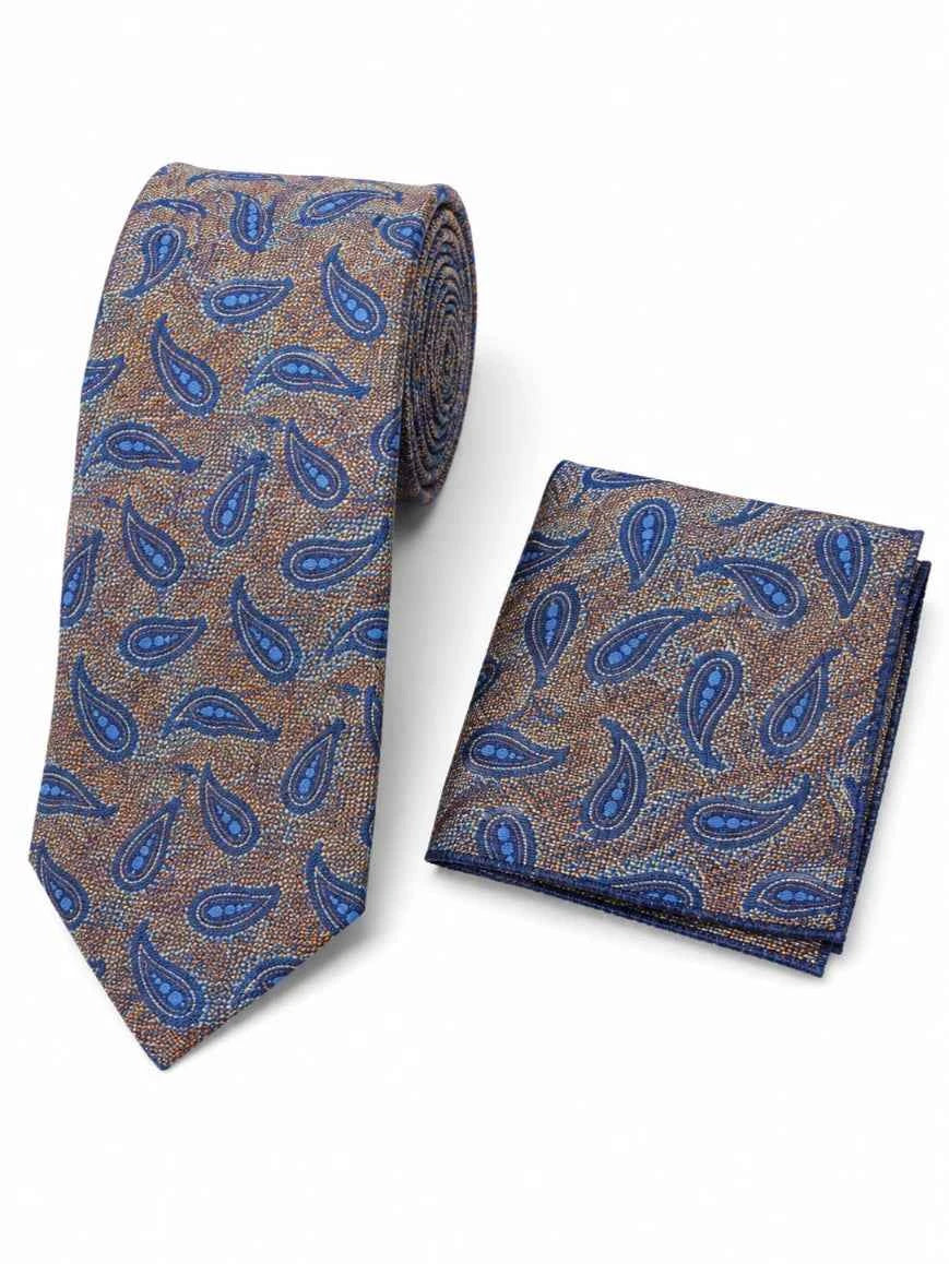Bronze & Royal Blue Large Paisley Tweed-Texture Tie & Pocket Square Set