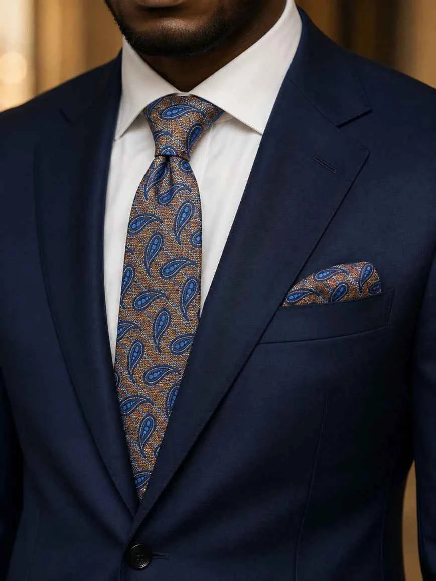 Bronze & Royal Blue Large Paisley Tweed-Texture Tie & Pocket Square Set