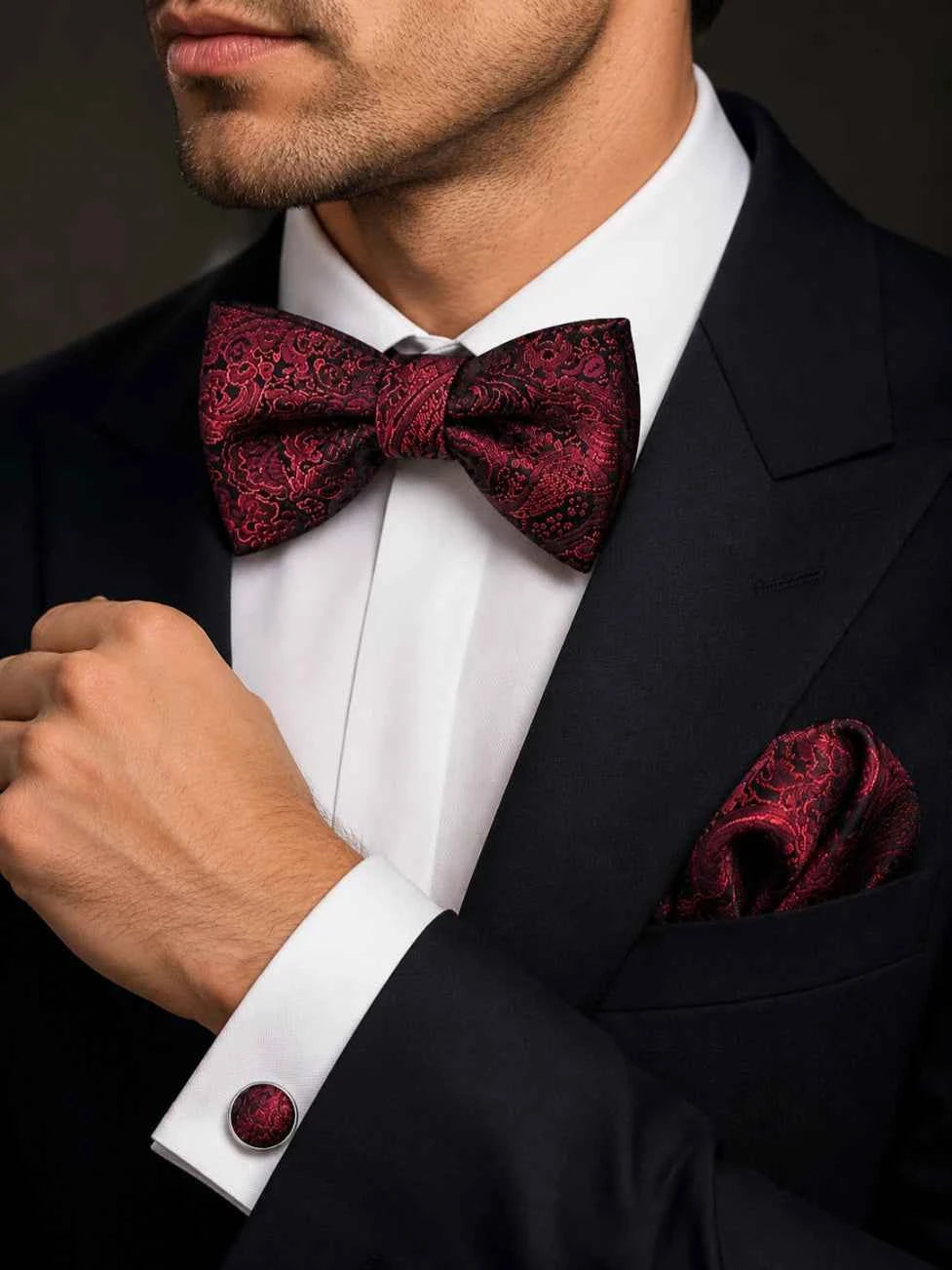 Burgundy Black Paisley Bow Tie Set