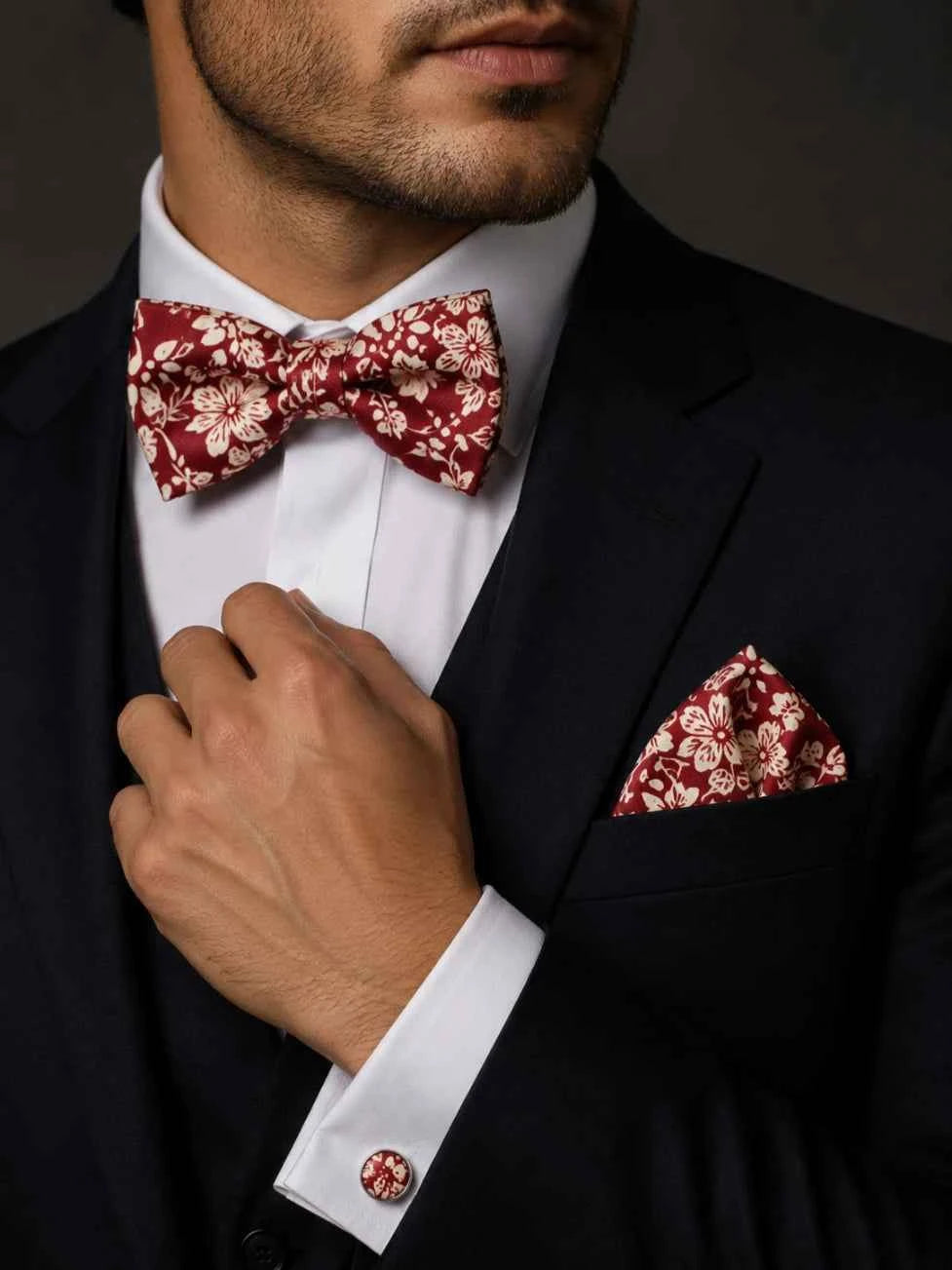 Burgundy Cream Floral Bow Tie Set
