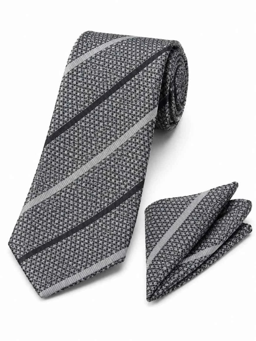 Charcoal Grey Diagonal Regimental Stripe Tie & Pocket Square Set