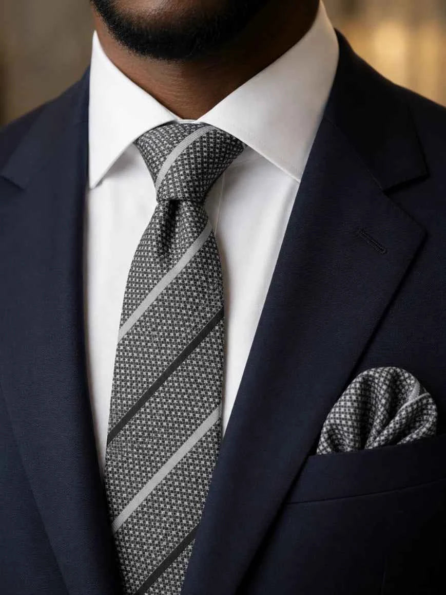 Charcoal Grey Diagonal Regimental Stripe Tie & Pocket Square Set