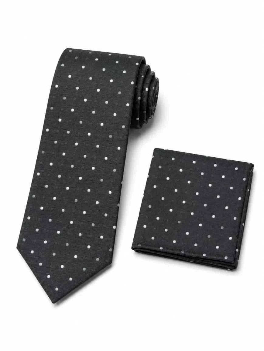 Charcoal Grey & White Dual Polka Dot Tie & Pocket Square Set