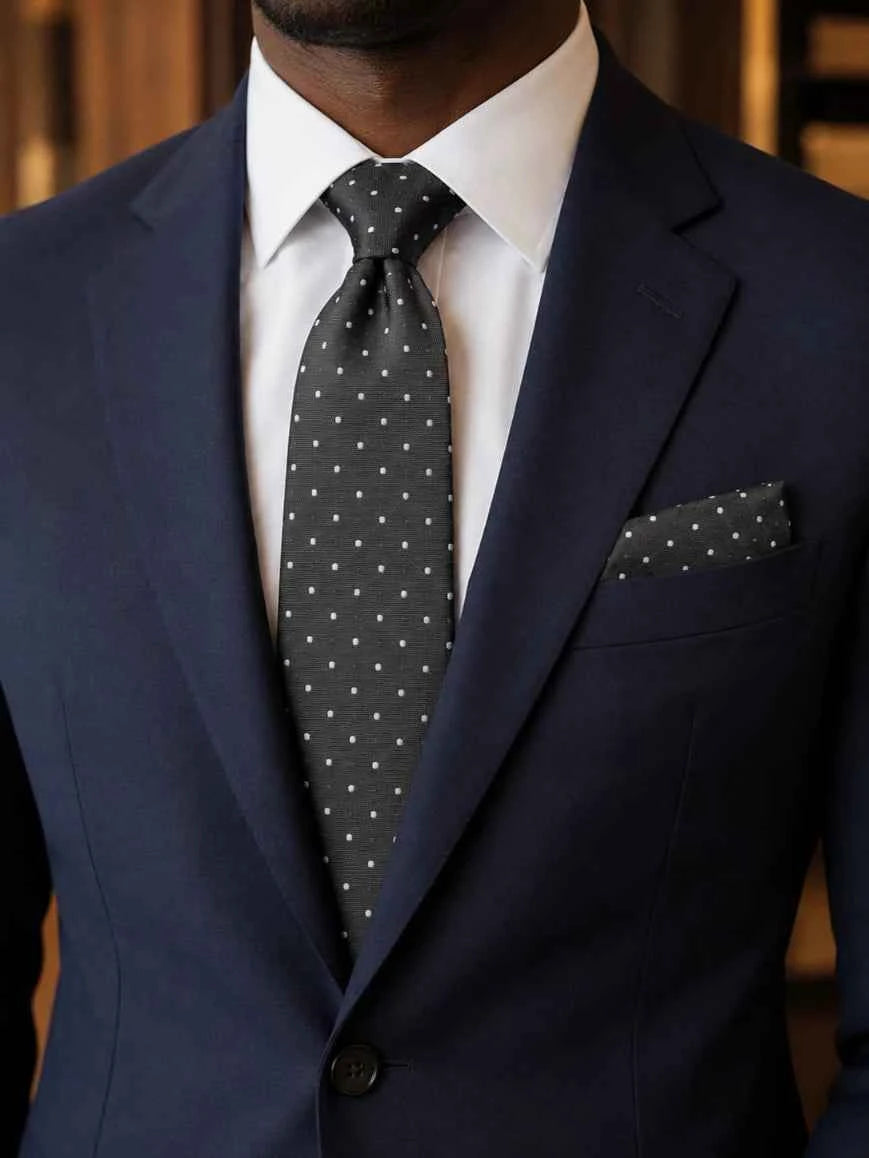Charcoal Grey & White Dual Polka Dot Tie & Pocket Square Set