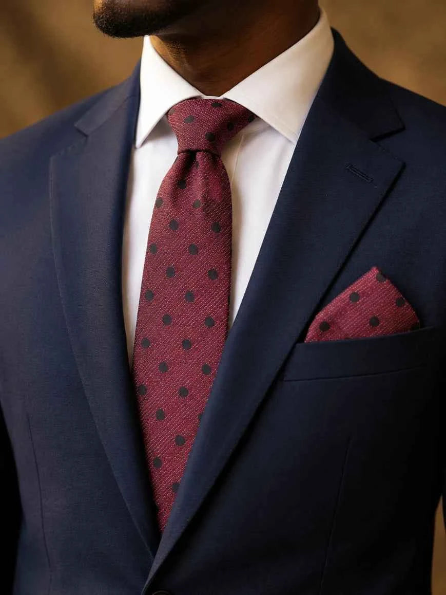 Deep Wine Red & Charcoal Polka Dot Linen-Texture Tie & Pocket Square Set