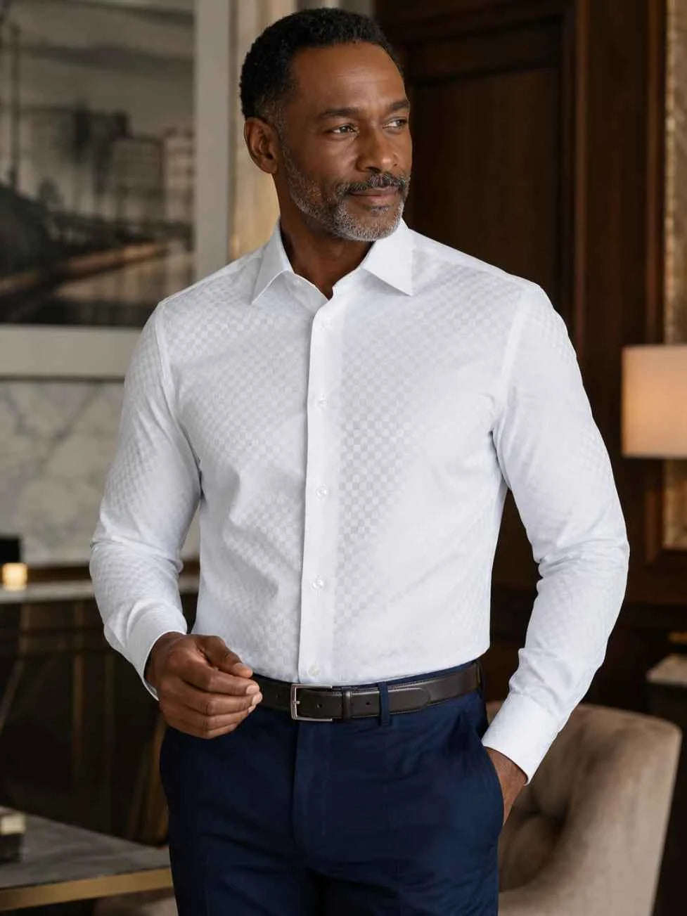 Hang London White Checkered Textured Slim Fit Dress Shirt
