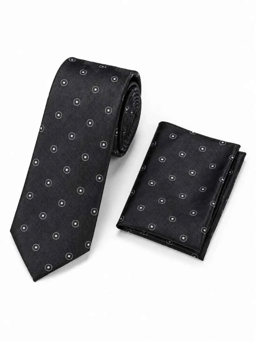Jet Black Micro Circle-Square Medallion Jacquard Tie & Pocket Square Set