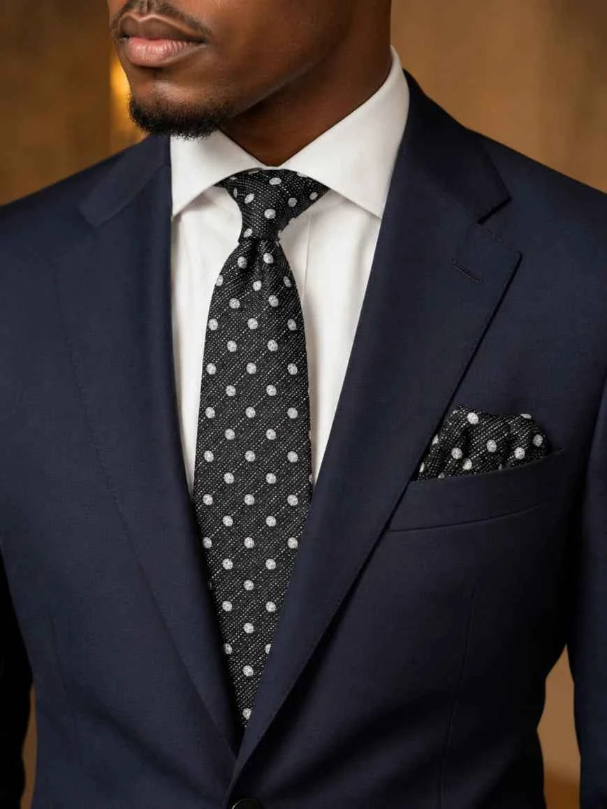 Jet Black & Silver Polka Dot Woven Texture Tie & Pocket Square Set