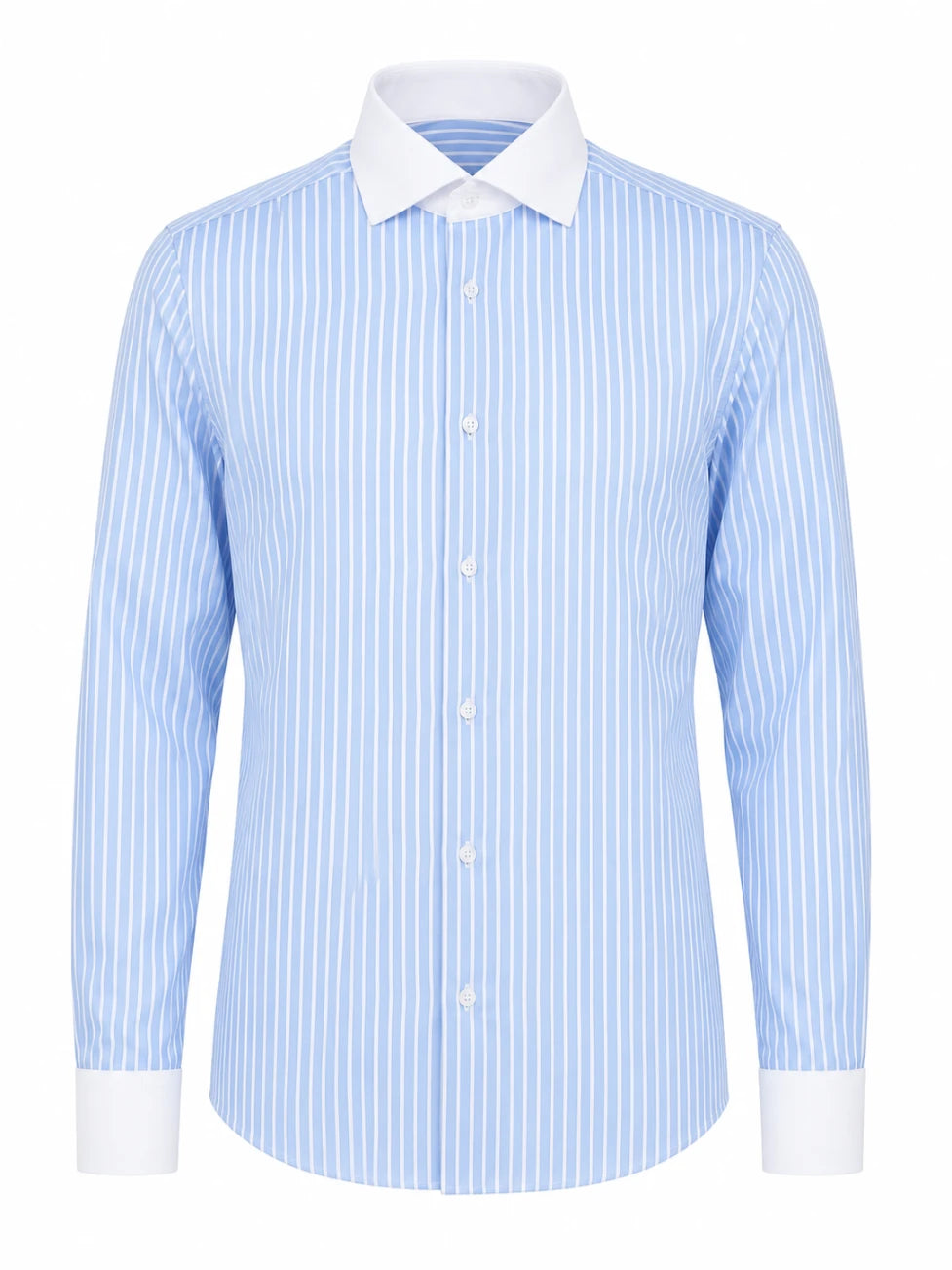 Light blue striped shirt with white collar and cuffs on a white background