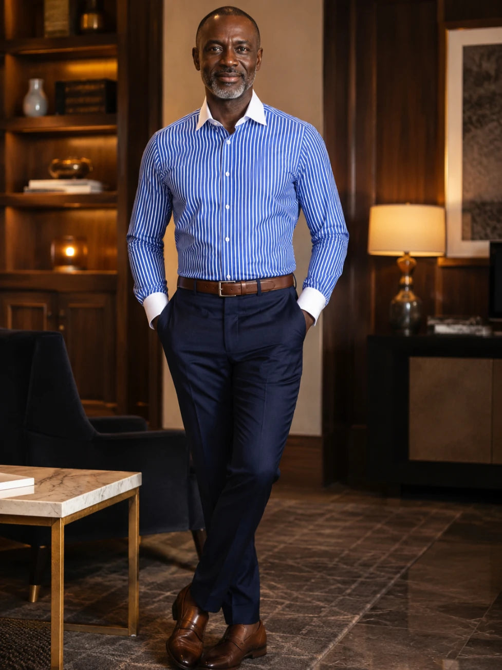 Man in a blue striped shirt and dark pants standing in an indoor setting.