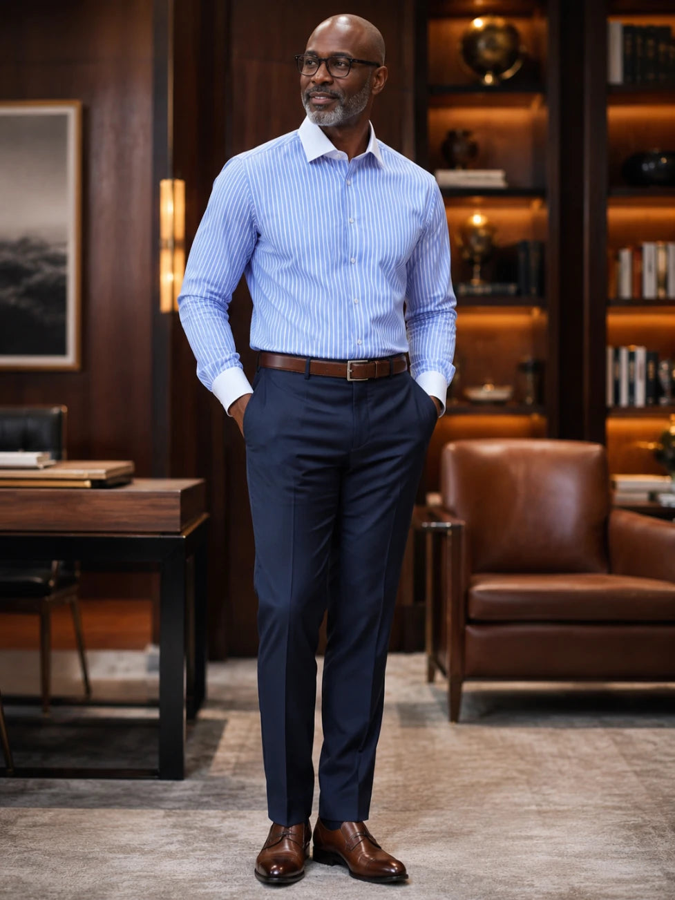 Man in a blue striped shirt and dark pants standing in an office setting.