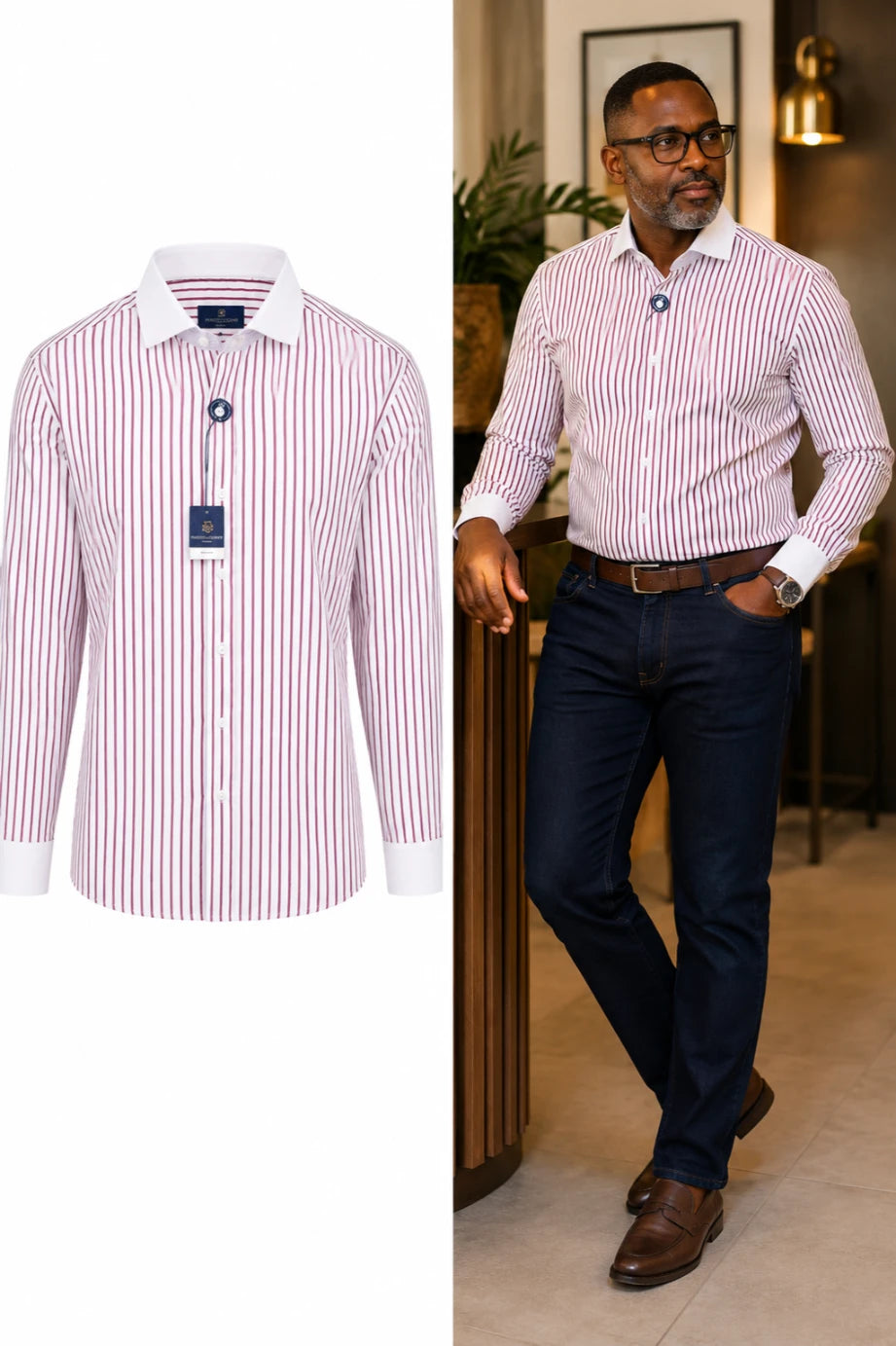 Man wearing a red and white striped dress shirt in an indoor setting.