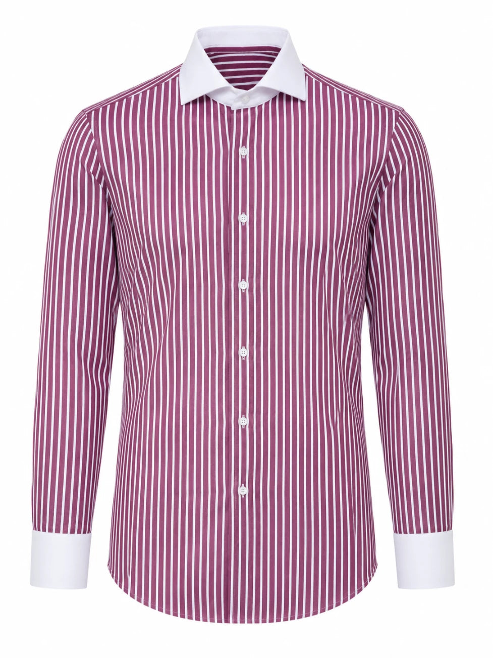 Maroon and white striped shirt with a white collar on a white background