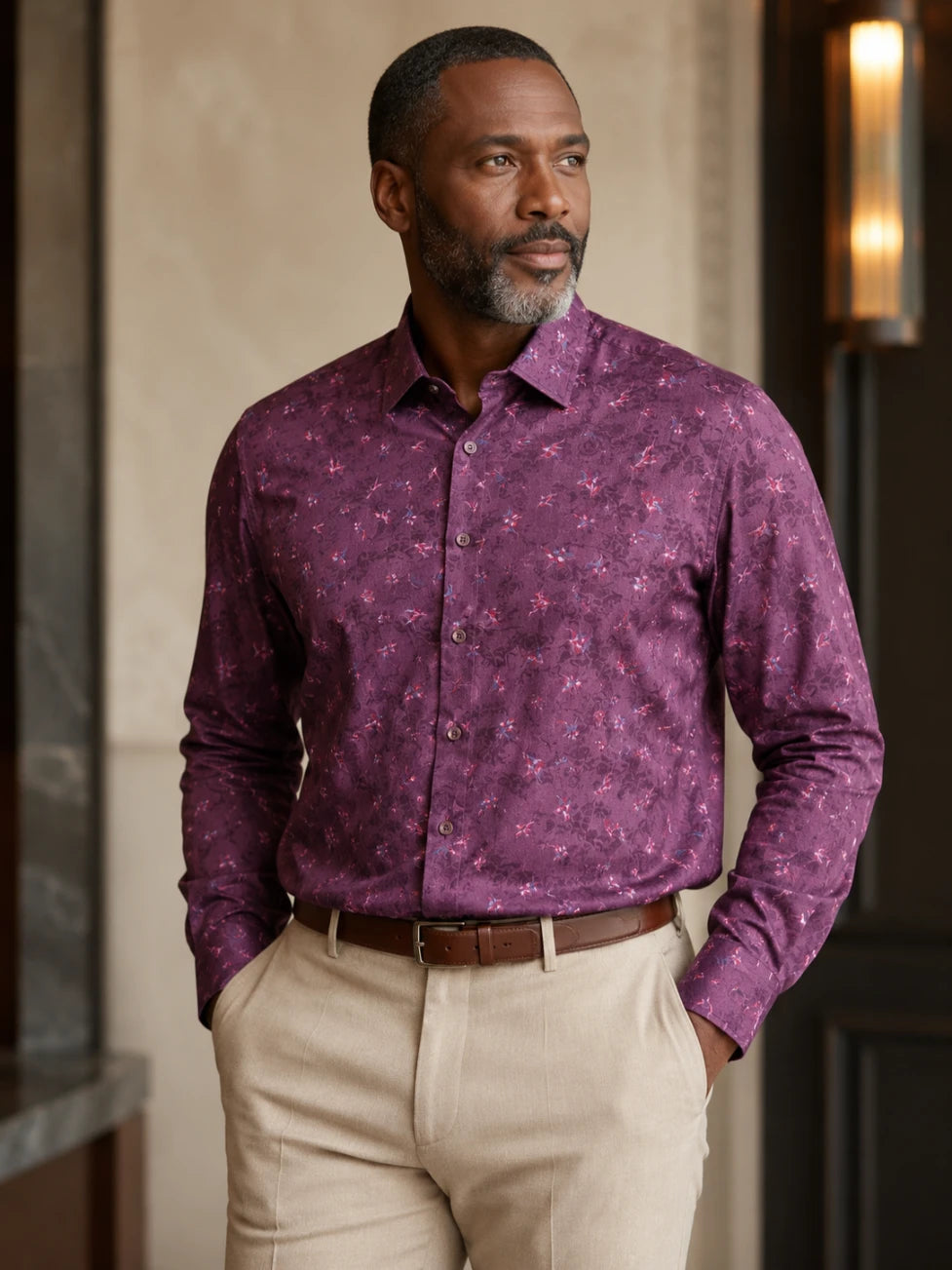 Infynite Maroon Floral Pattern Slim Fit Shirt – premium men's menswear > shirts – view 2